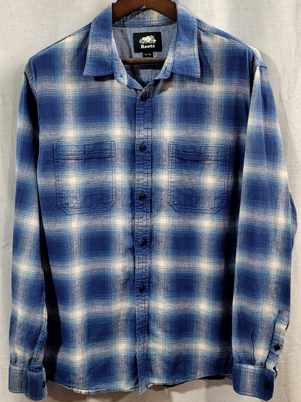 Roots Canada Men's Blue Plaid Cotton Linen Blend Button Down Shirt Size XL